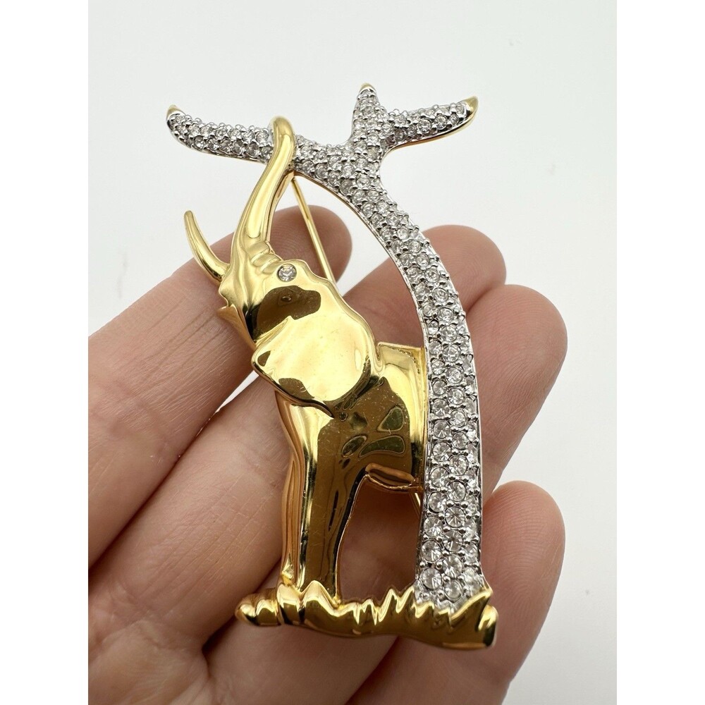 Authentic Signed Swarovski Elephant Gold Tone Pin Brooch SCS With Tree